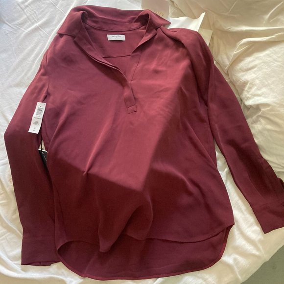 Babaton Professor Blouse Matte Satin Pop-over Polo Blouse - Burgundy - New w/Tag - Picture 3 of 7